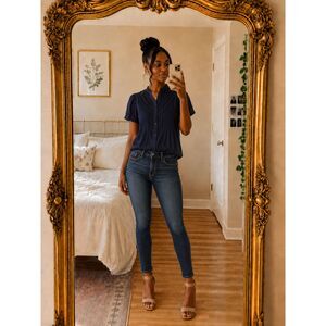Andrew & Co Navy Blue Pintuck Pleated Bubble Sleeve Blouse Ruffle Collar Size S
